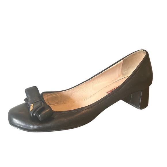 PRADA Bow Front Shoes w Chunky Block Heel Napa Leather Black 39.5 9.5 Gold Logo - Picture 1 of 12